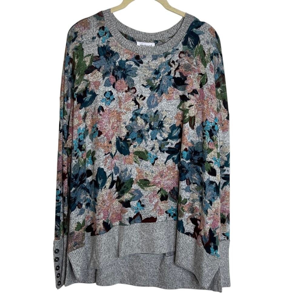 Westbound Woman Lightweight Sweater XL Gray Multicolor Floral Print Button Cuff